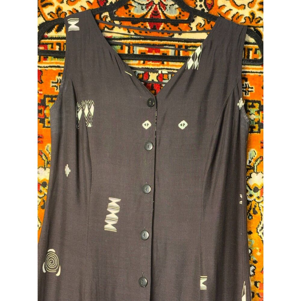 VTG Black White Folk Art Print Button Front Midi Dress w/Strappy Back sz 8 - Picture 3 of 10